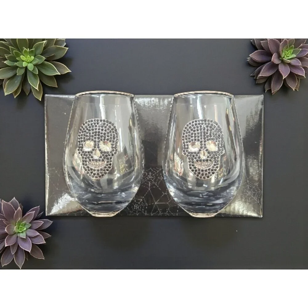 NEW Silver / Black Rhinestone Skull Halloween Wine / Tumbler Drink Glass